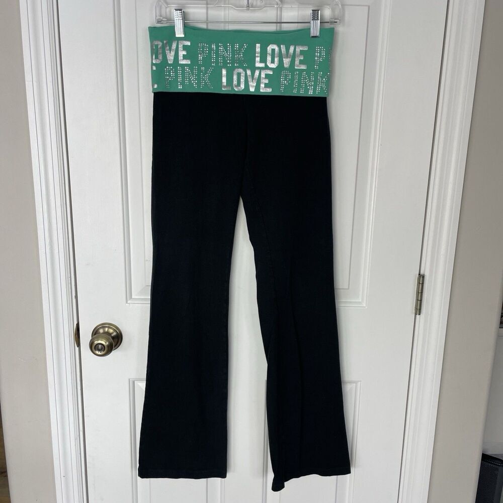 Victorias Secret PINK Yoga Pants Small Foldover Rhinestone Bedazzle Y2K Flare